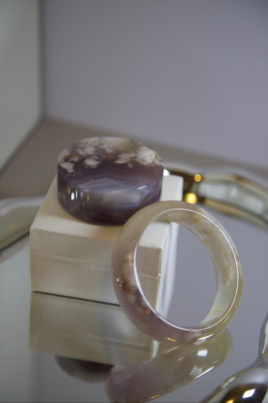 Flower Agate Bangle & Display Stone Set: Pink Purple Moss Inclusions