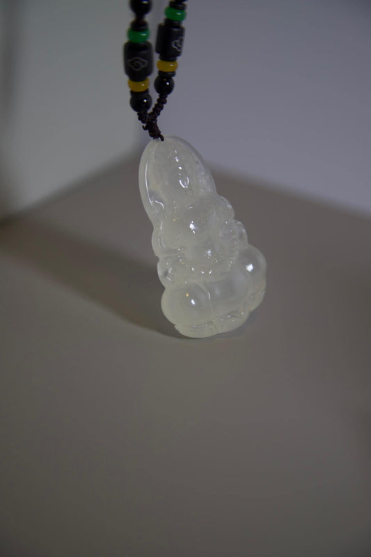 Hand-Carved Clear Jade Guanyin Pendant: Beaded Cord Amulet