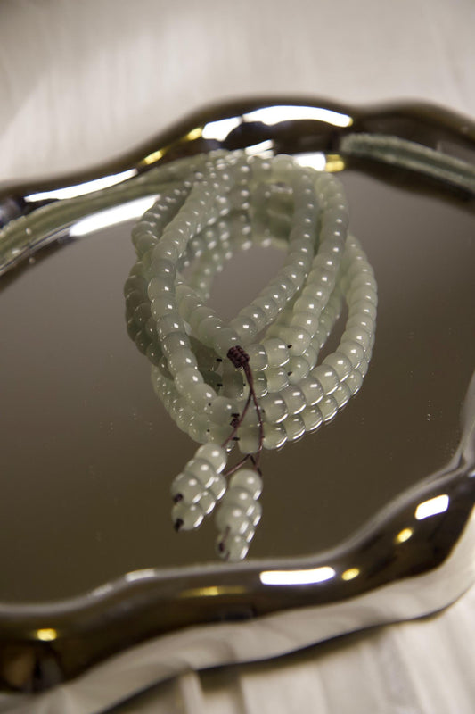 Light Green Jade Mala Necklace • Natural Gemstone Prayer Beads • Buddhist Meditation Necklace • Healing Crystal Jewelry  Boho Spiritual Gift