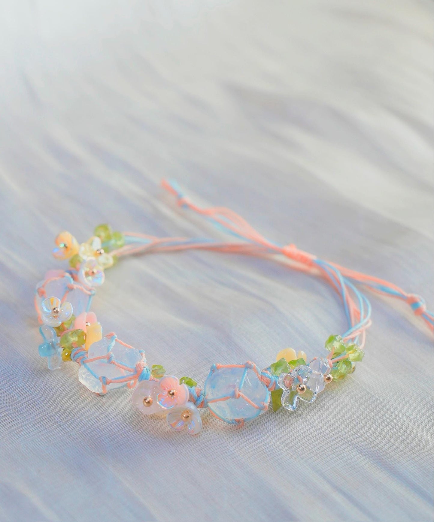 Macrame Crystal Bracelet • Boho Beaded Friendship Jewelry • Adjustable Handmade Cord Bracelet with Gemstone Chips & Leaf Accents