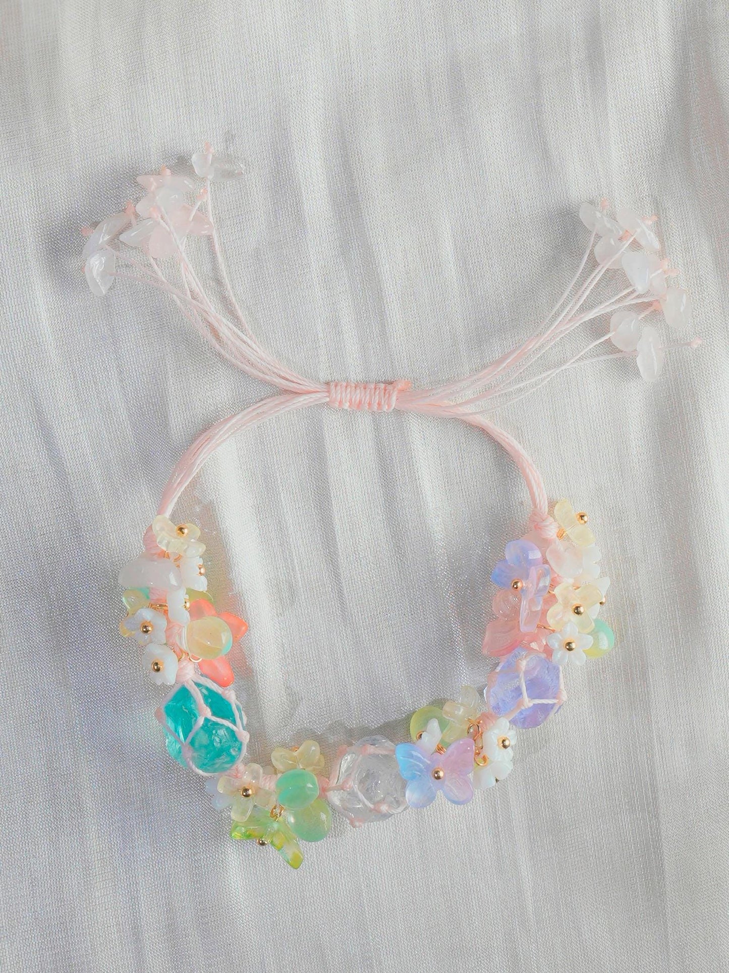 Macrame Crystal Bracelet • Boho Beaded Friendship Jewelry • Adjustable Handmade Cord Bracelet with Gemstone Chips & Leaf Accents