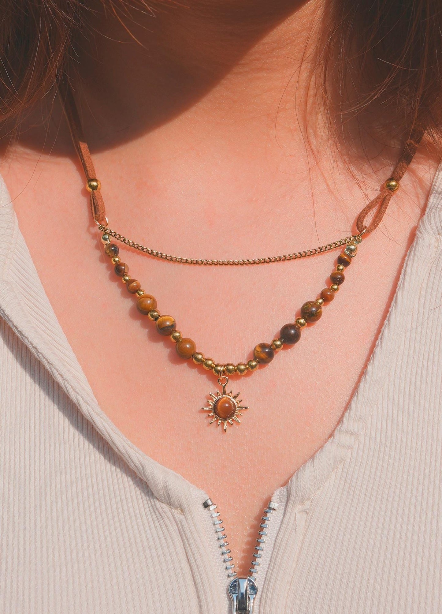 Tiger's Eye Sun Pendant Necklace: Boho Layered Jewelry