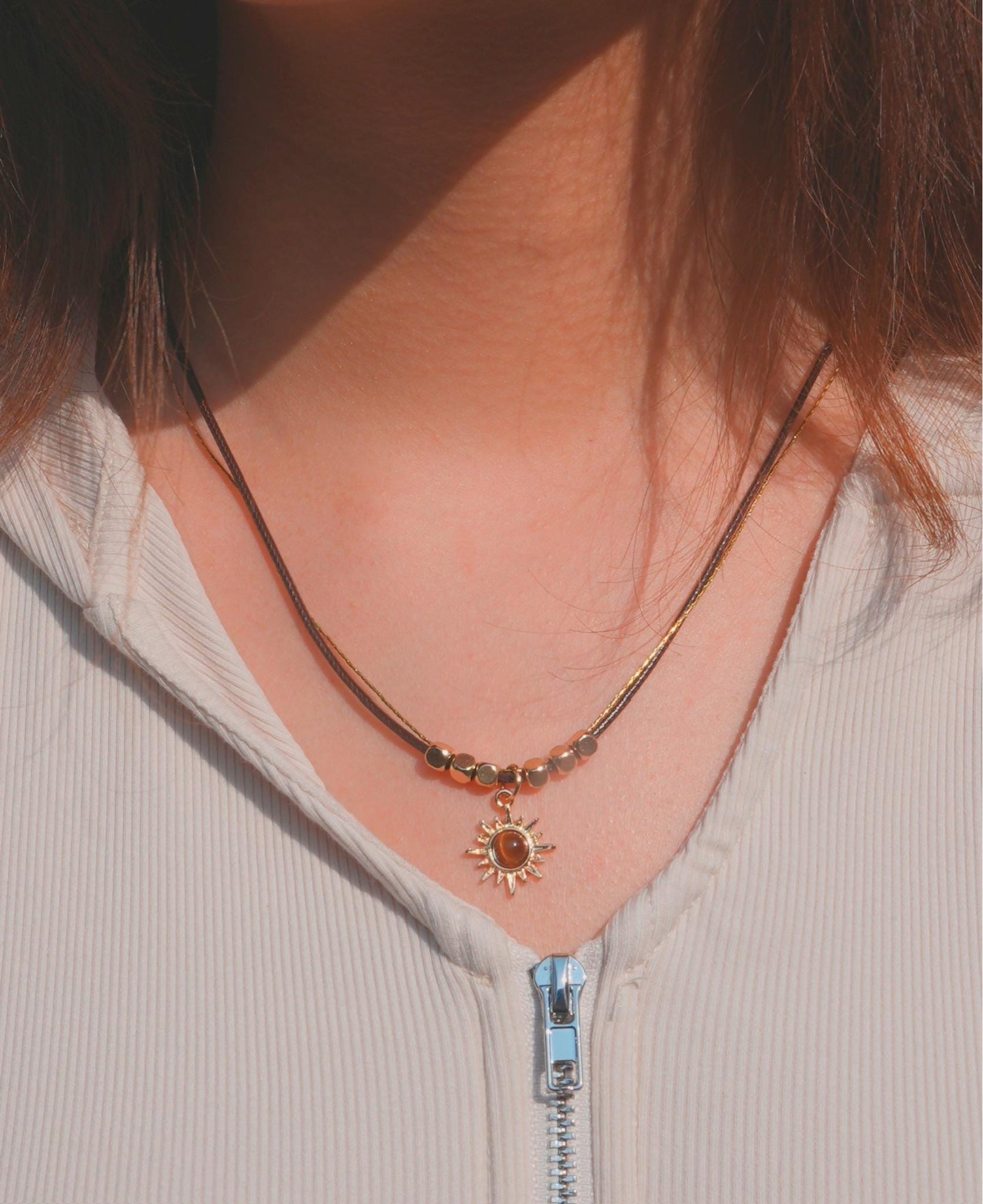 Tiger's Eye Sun Pendant Necklace: Boho Layered Jewelry