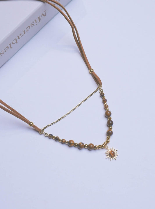 Tiger’s Eye Sun Pendant Necklace • Boho Gemstone Choker • Healing Crystal Jewelry • Layered Sun Charm Necklace for Protection & Confidence