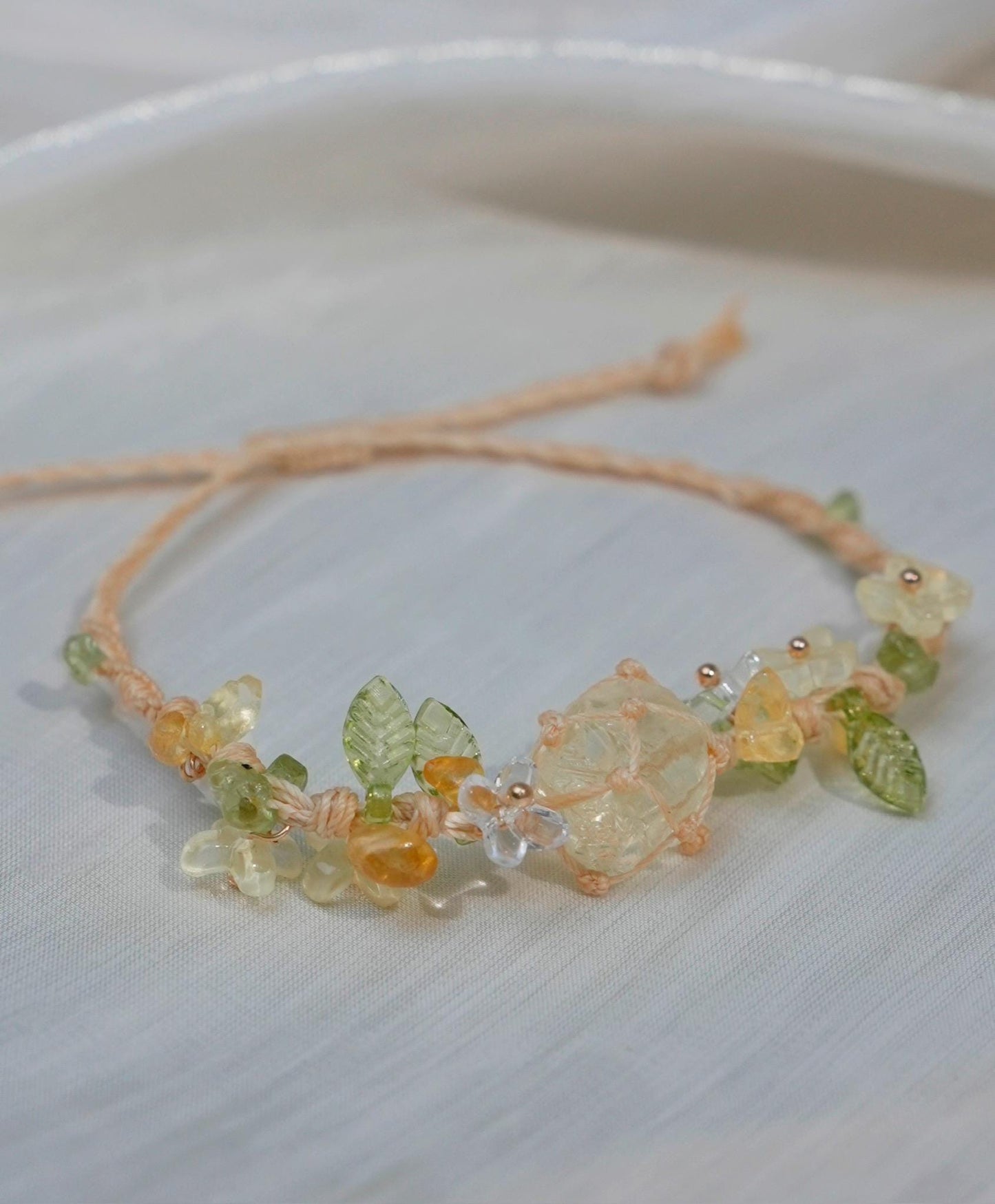Macrame Crystal Bracelet • Boho Beaded Friendship Jewelry • Adjustable Handmade Cord Bracelet with Gemstone Chips & Leaf Accents