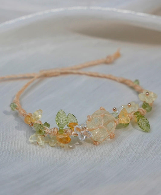 Macrame Crystal Bracelet • Boho Beaded Friendship Jewelry • Adjustable Handmade Cord Bracelet with Gemstone Chips & Leaf Accents