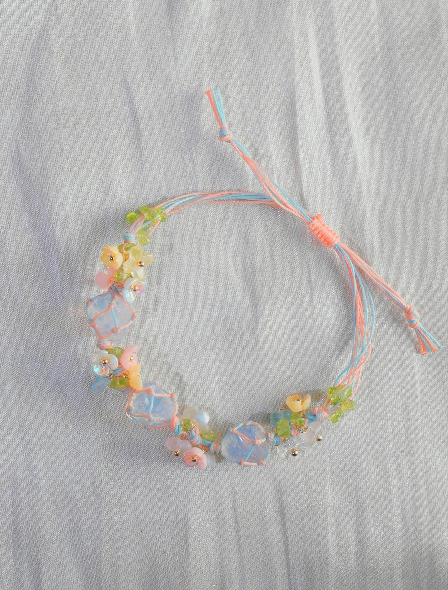 Macrame Crystal Bracelet • Boho Beaded Friendship Jewelry • Adjustable Handmade Cord Bracelet with Gemstone Chips & Leaf Accents