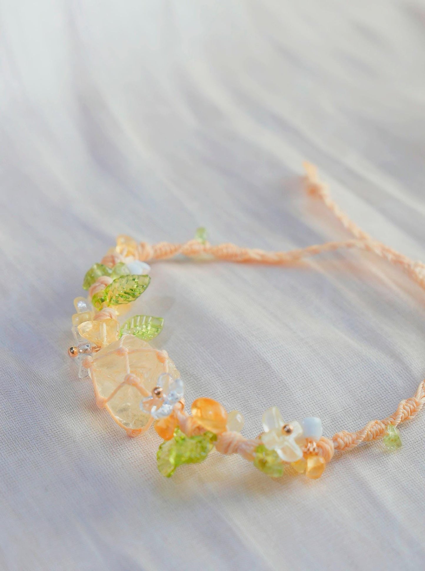 Macrame Crystal Bracelet • Boho Beaded Friendship Jewelry • Adjustable Handmade Cord Bracelet with Gemstone Chips & Leaf Accents