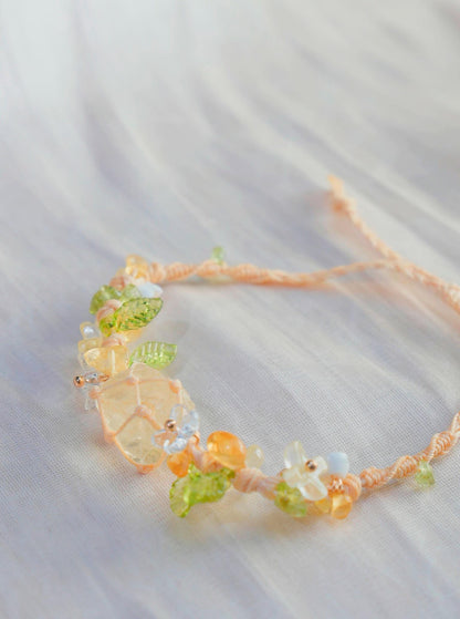 Macrame Crystal Bracelet • Boho Beaded Friendship Jewelry • Adjustable Handmade Cord Bracelet with Gemstone Chips & Leaf Accents
