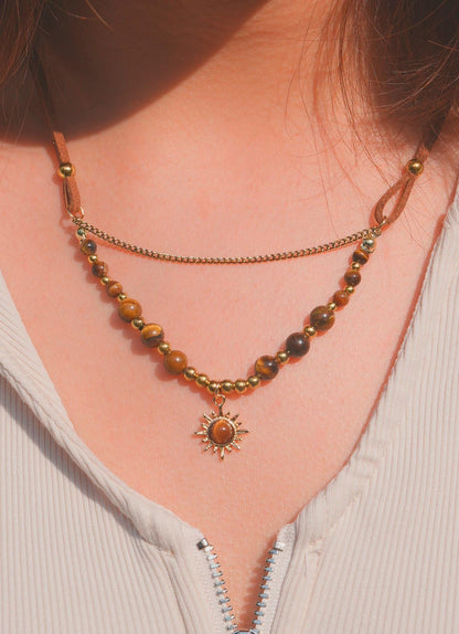 Tiger's Eye Sun Pendant Necklace: Boho Layered Jewelry