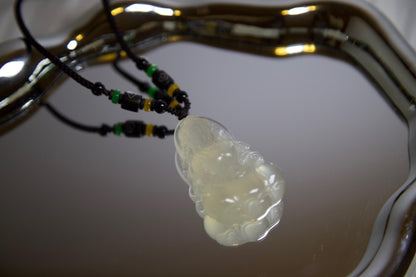 Hand-Carved Clear Jade Guanyin Pendant: Beaded Cord Amulet
