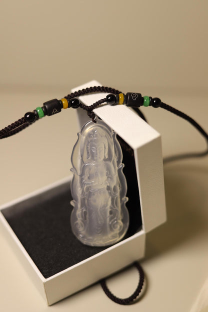 Hand-Carved Kwan Yin Jade Pendant: Spiritual Protection Amulet