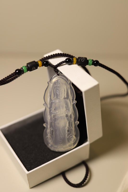 Hand-Carved Kwan Yin Jade Pendant: Spiritual Protection Amulet