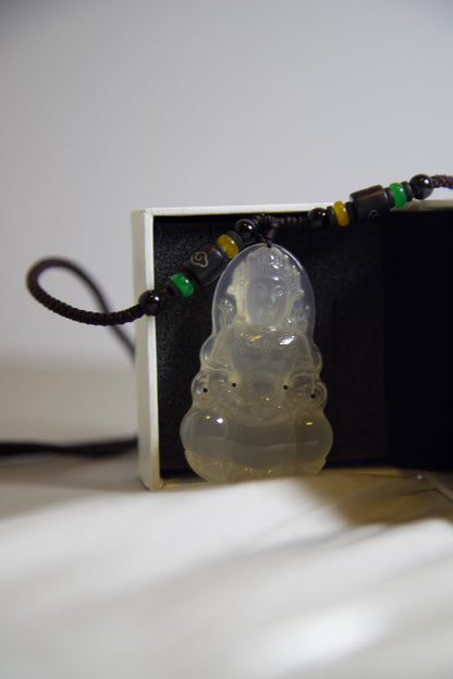 Hand-Carved Clear Jade Guanyin Pendant: Beaded Cord Amulet
