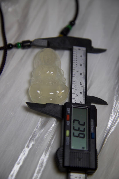 Hand-Carved Clear Jade Guanyin Pendant: Beaded Cord Amulet
