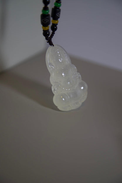 Hand-Carved Clear Jade Guanyin Pendant: Beaded Cord Amulet