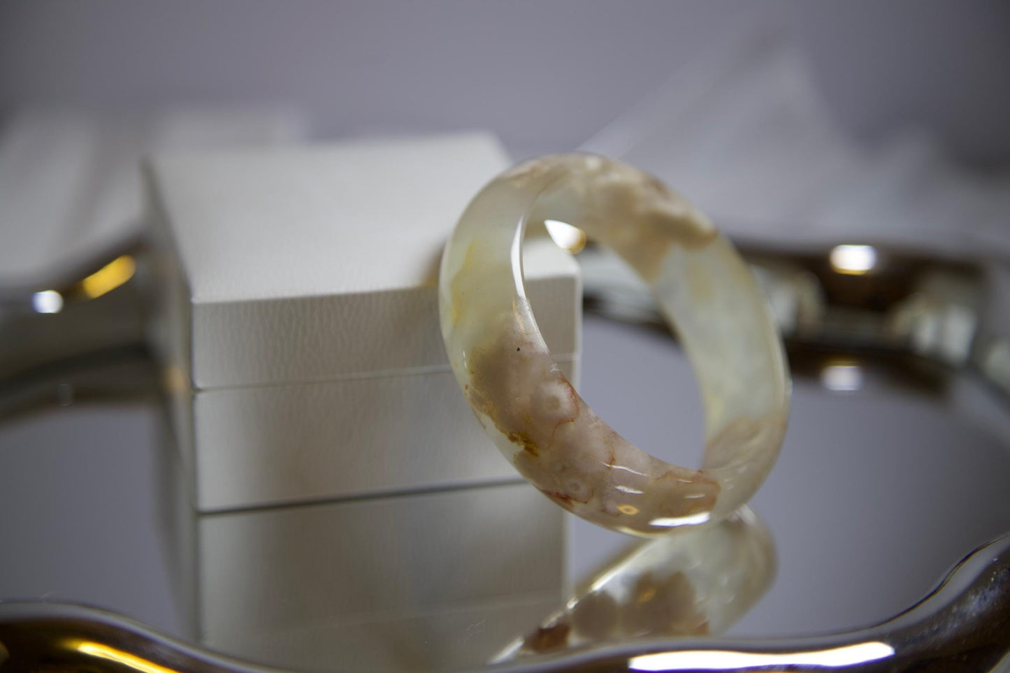 Cream & Caramel Jadeite Bangle Bracelet: Polished Gemstone, 2.29inch