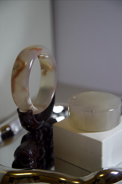 Natural Agate Stone Bangle • Cream Pink Gemstone Bracelet • Hand-Carved Crystal Jewelry • 62.3mm Polished Agate Bangle for Healing & Gift