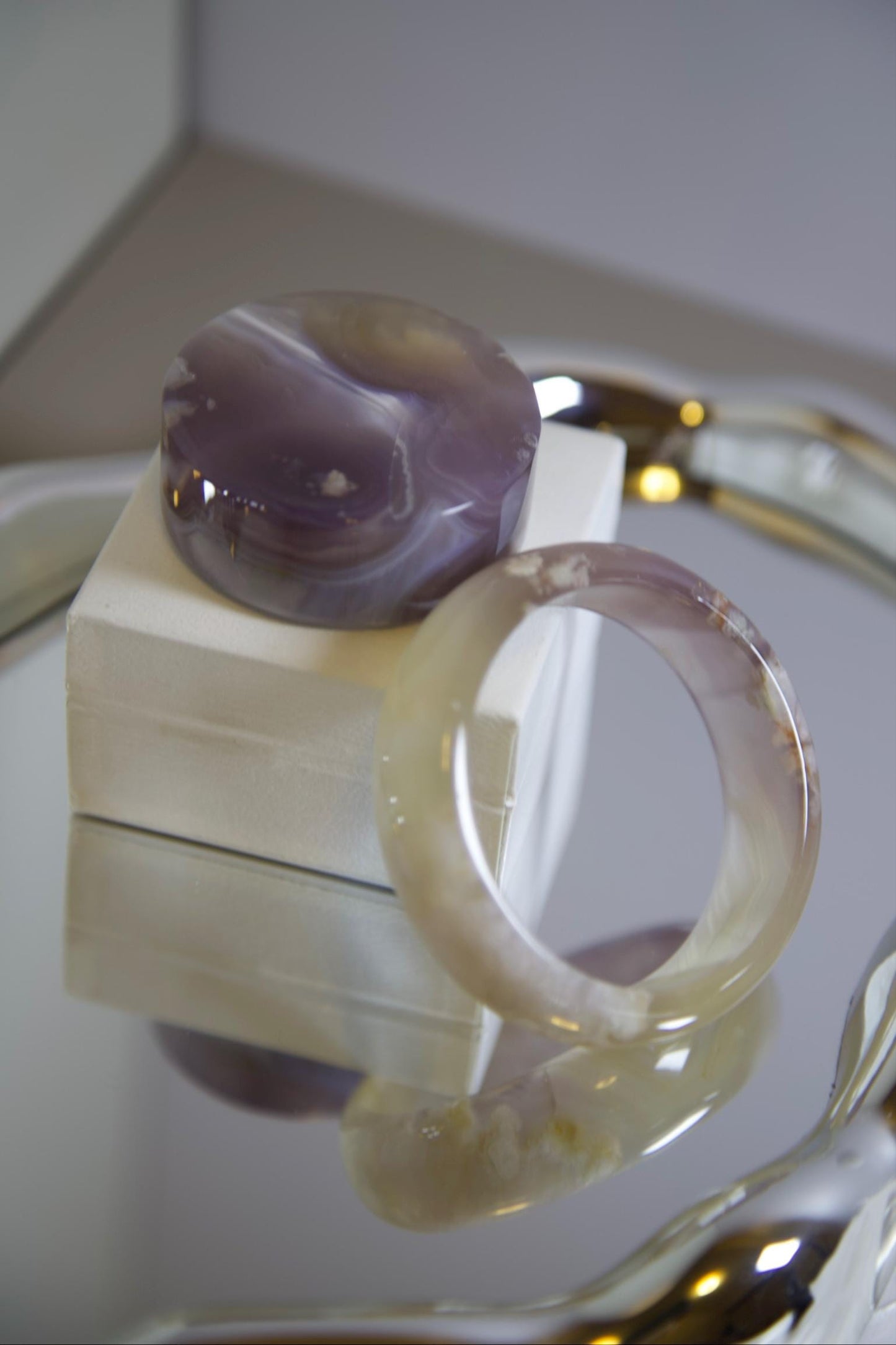 Flower Agate Bangle & Display Stone Set: Pink Purple Moss Inclusions