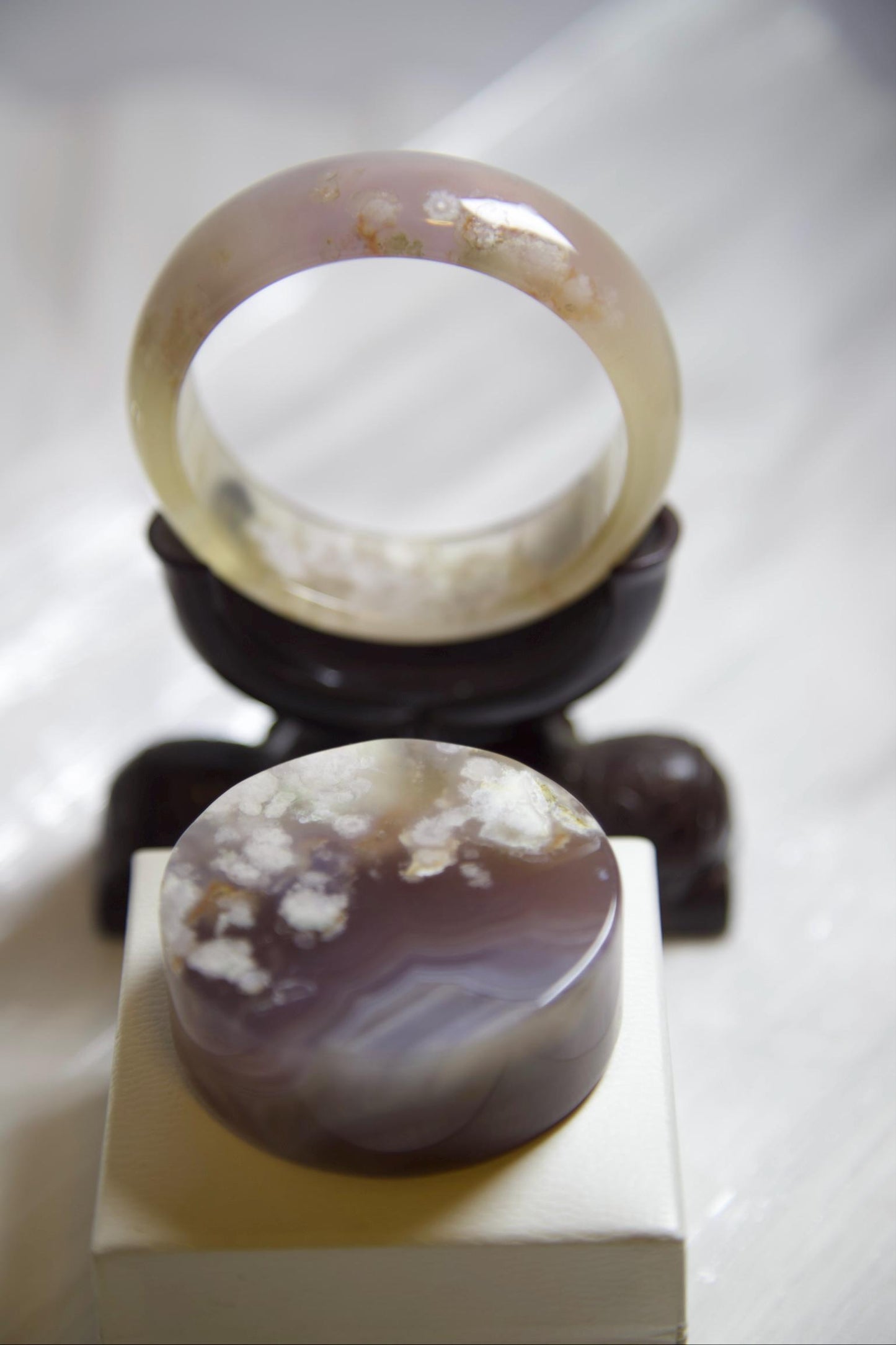 Flower Agate Bangle & Display Stone Set: Pink Purple Moss Inclusions