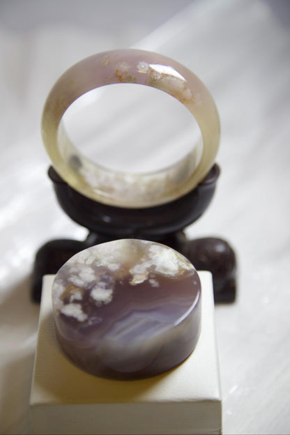 Flower Agate Bangle & Display Stone Set: Pink Purple Moss Inclusions