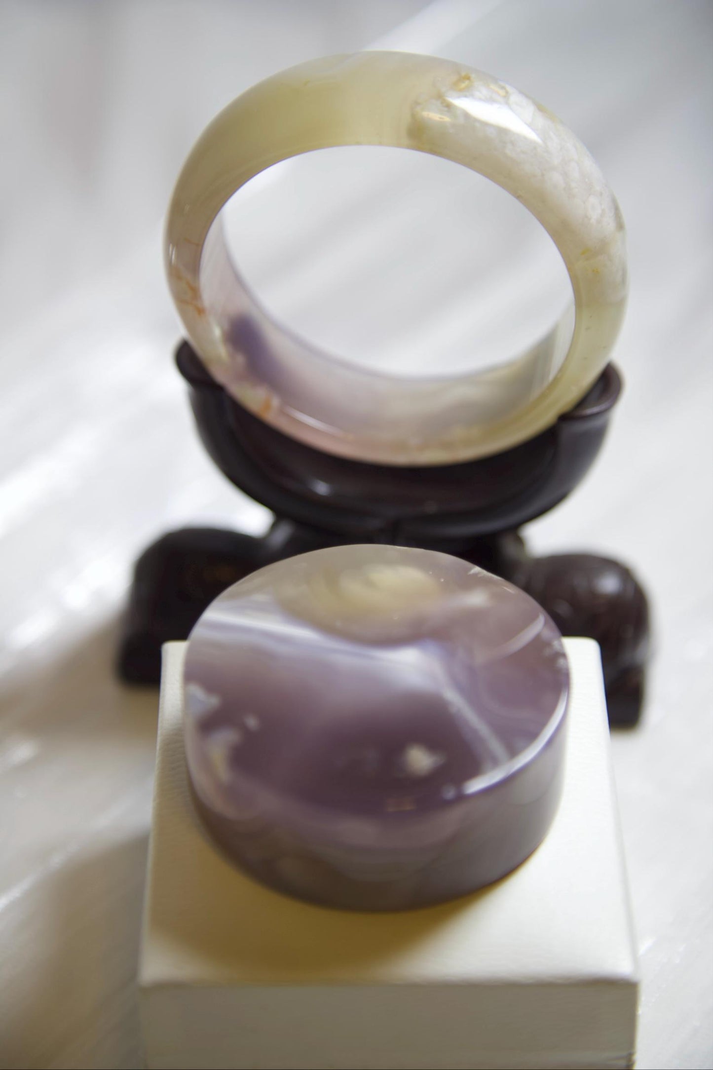 Flower Agate Bangle & Display Stone Set: Pink Purple Moss Inclusions