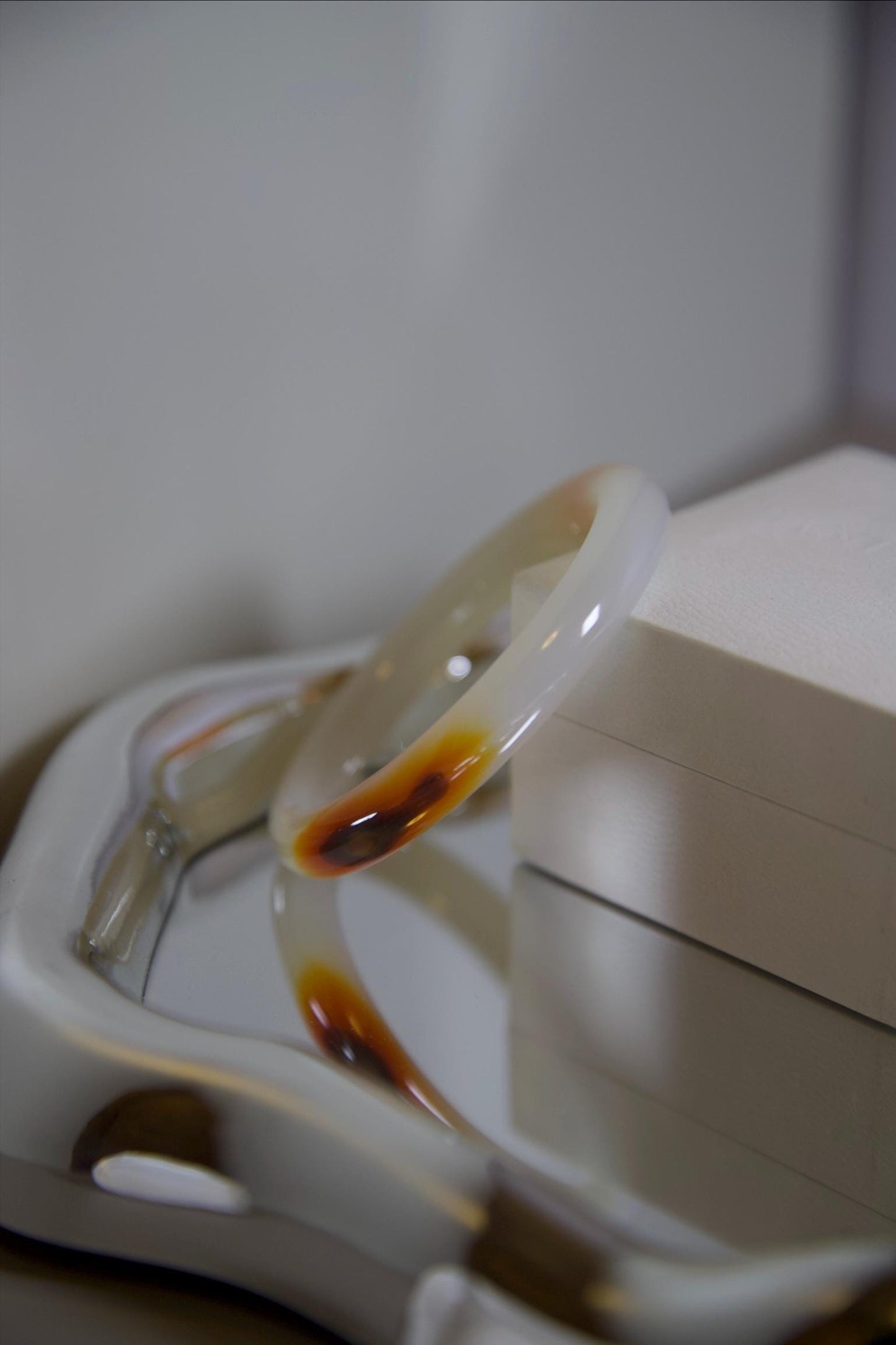 Natural Agate Bangle Bracelet • White & Amber Gemstone Jewelry • Polished Crystal Bangle 53-54mm Hand-Carved Agate Bracelet for Healing Gift