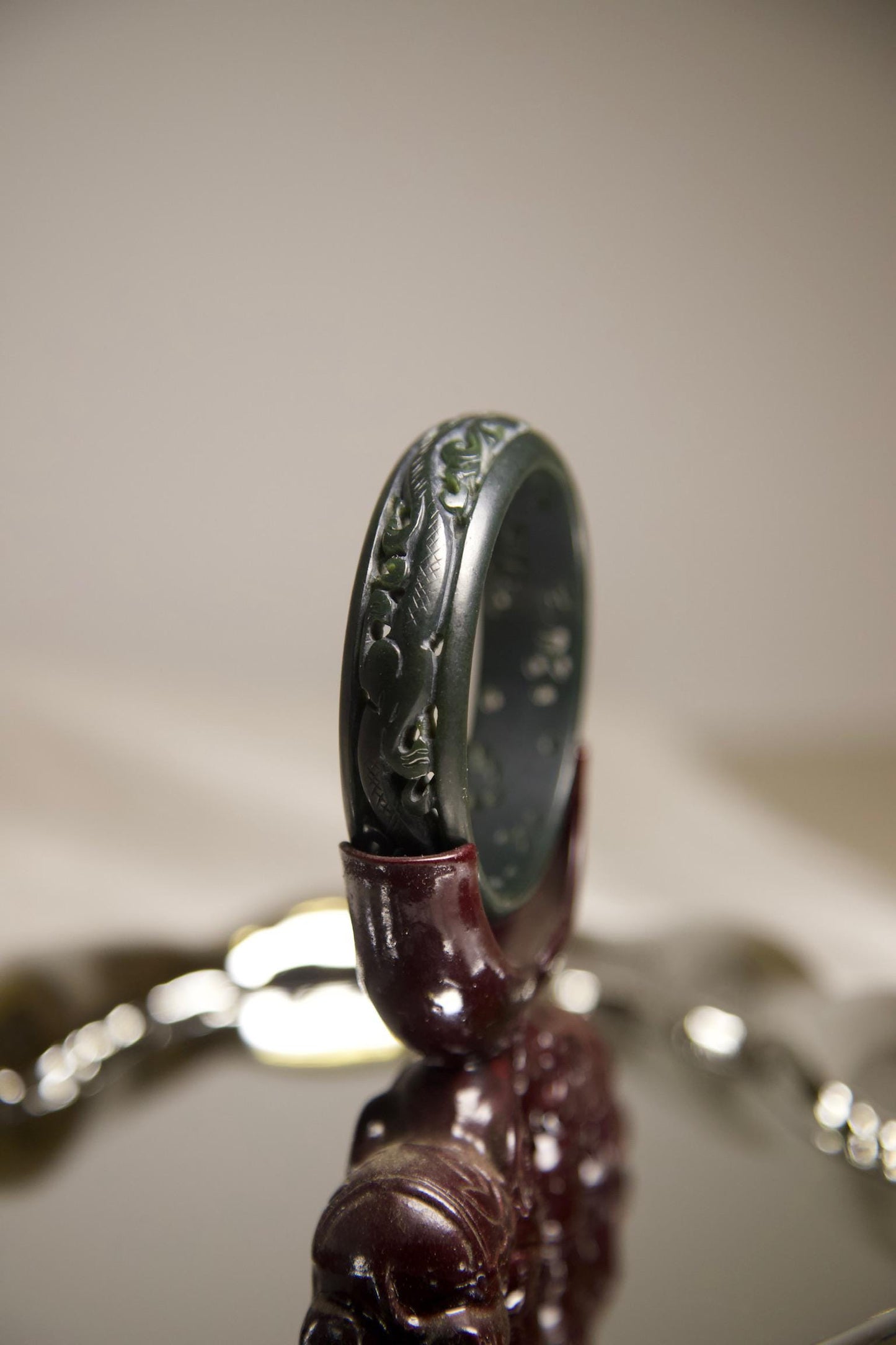 Hand-Carved Dark Green Jade Bangle • Dragon Motif Unisex Bracelet • Natural Jade Stone Jewelry for Protection, Strength & Spiritual Gift