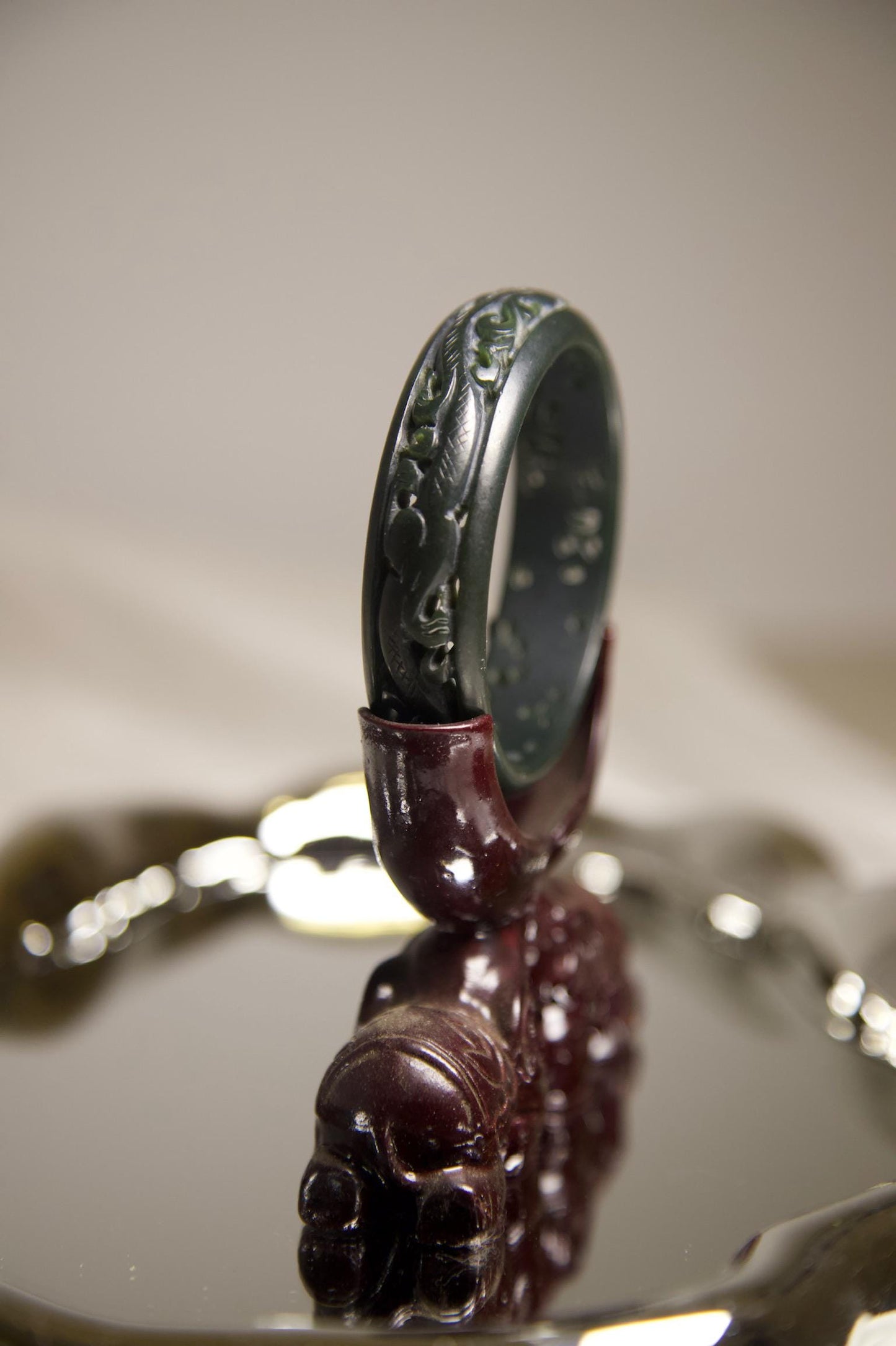 Hand-Carved Dark Green Jade Bangle • Dragon Motif Unisex Bracelet • Natural Jade Stone Jewelry for Protection, Strength & Spiritual Gift