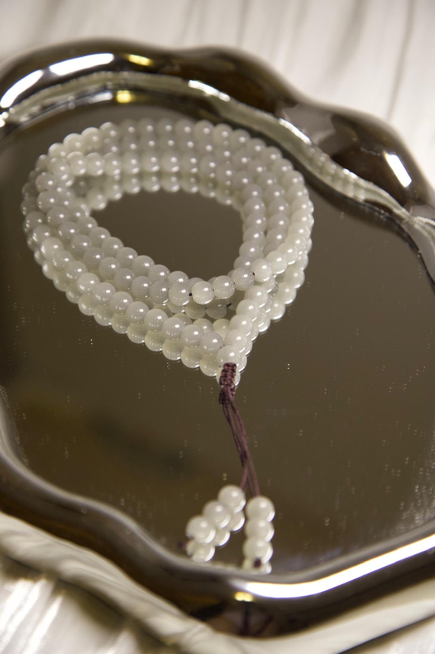 Gray Jade Mala Bead Necklace • Hand-Knotted Meditation Prayer Beads • Natural Gemstone Mala for Yoga, Mindfulness, Healing & Spiritual Gift