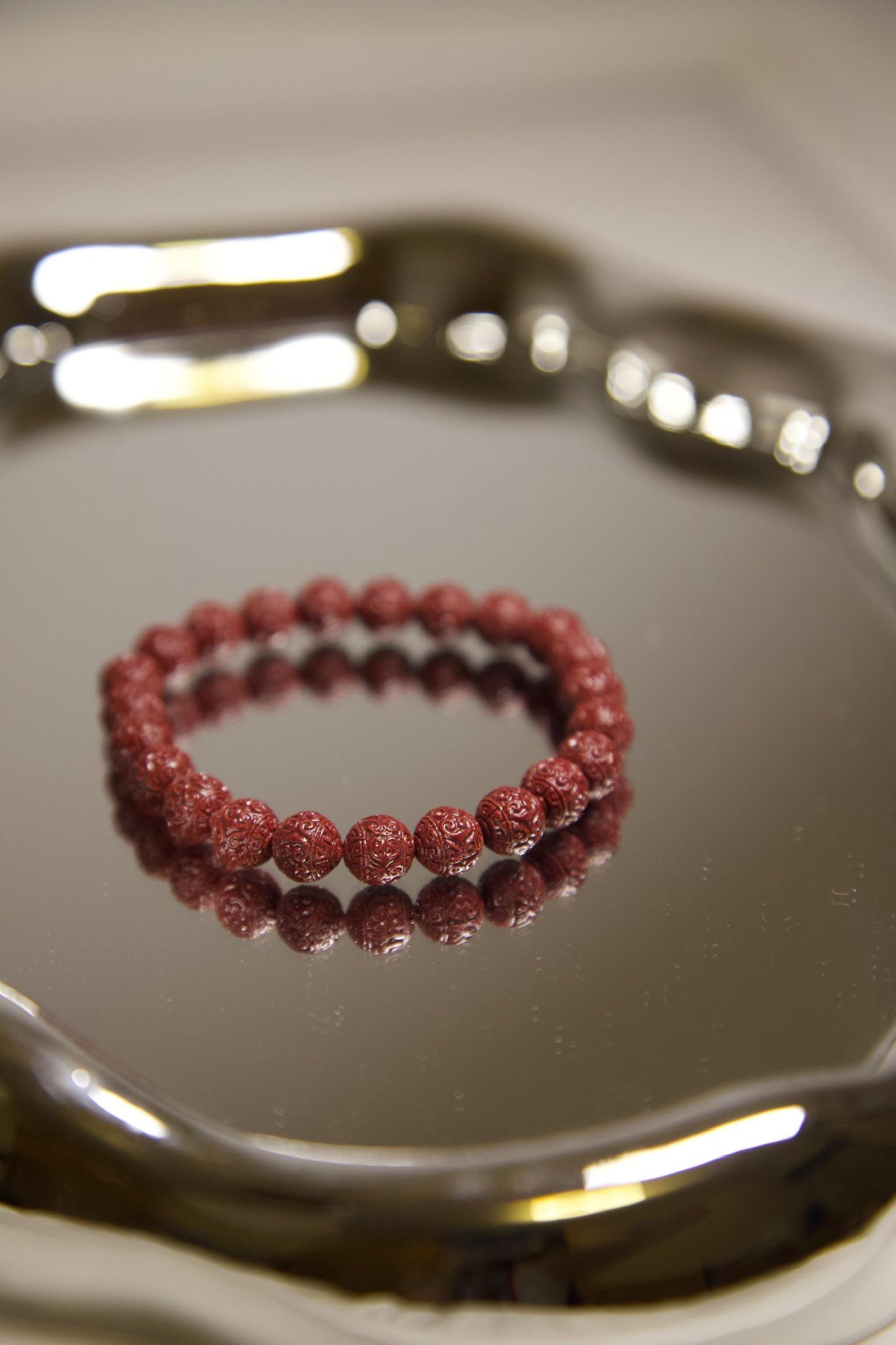 Cinnabar Beaded Bracelet • Hand-Carved Red Crystal Jewelry • Protection & Luck Charm • Feng Shui Beaded Bracelet • Spiritual Healing Gift